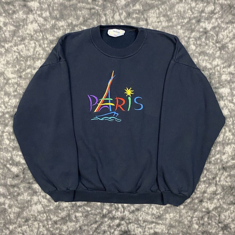 VTG Paris Embroidered Sweatshirt Size Large Crewneck France Sail Black 90s